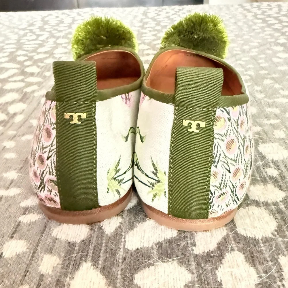 Tory Burch Floral Canvas Ballet Flats with Green Pom Pom - Picture 12 of 13